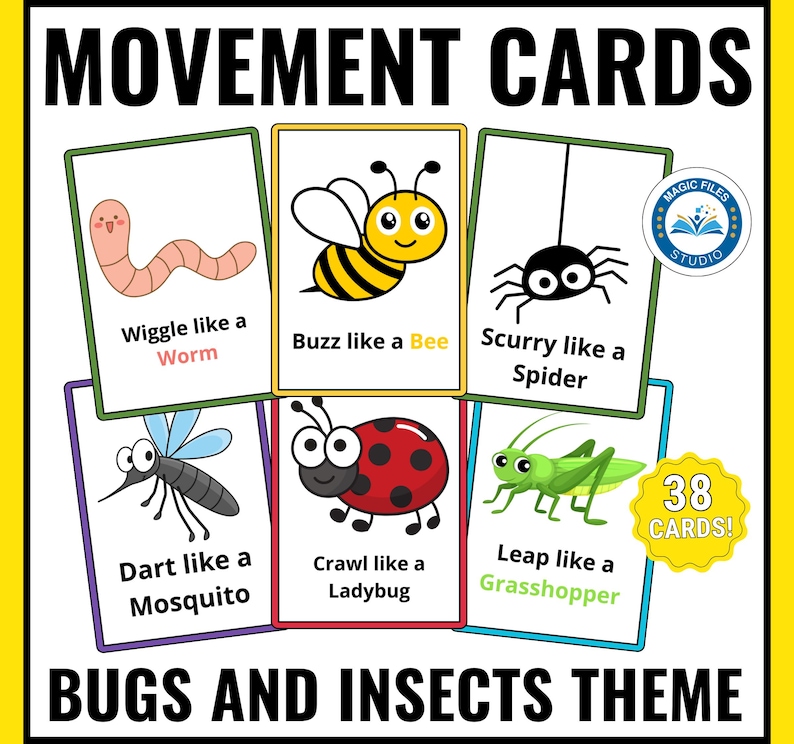 Puede incluir: Un conjunto de 38 tarjetas de movimiento coloridas que presentan diferentes insectos, como un gusano, una abeja, una ara&ntilde;a, un mosquito, una mariquita y un saltamontes. Cada tarjeta tiene una ilustraci&oacute;n del insecto y una frase que describe c&oacute;mo moverse como ese insecto, como "Mueve como un gusano" o "Zumba como una abeja".