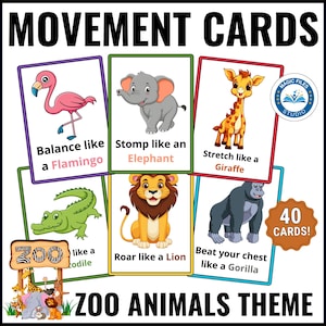 Cartões de movimento de animais de zoológico, cartões de ação para crianças para imprimir, hora do círculo, transições para pausas cerebrais, coordenação motora grossa, pré-escola, atividade de habilidades