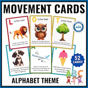 Alphabet-Bewegungskarten, druckbare Aktionskarten für Kinder, Kreiszeit, Brain Break-Übergänge, Grobmotorik, Vorschule, Alphabet-Aktivitätsspiel