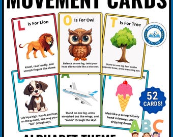 Tarjetas de movimiento del alfabeto, tarjetas de acción imprimibles para niños, hora del círculo, transiciones para el descanso mental, motricidad gruesa, preescolar, juego de actividades del alfabeto