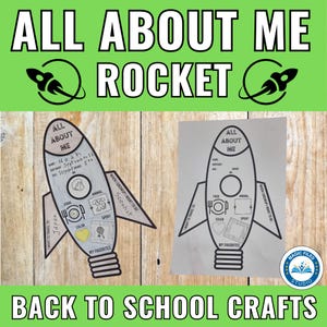 Peut inclure: Deux modèles de fusée "All About Me" pour l'artisanat sur une surface en bois. L'un est coloré avec des détails personnels, l'autre est un contour vierge. Le texte comprend "Back to School Crafts" et "Magic Files Studio".
