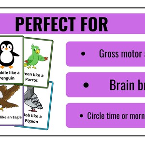 May include: A set of colorful cards featuring different animals with instructions to move like them. The cards say "Flap like a Flamingo", "Waddle like a Penguin", "Green like a Parrot", "Strut like a Rooster", "Soar like an Eagle", and "Bob like a Pigeon". The cards are perfect for gross motor activity, brain breaks, circle time, or morning meetings.