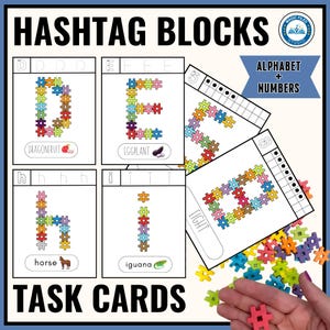 Peut inclure: Cartes de tâches éducatives avec des blocs hashtag formant des lettres et des chiffres. Les cartes présentent les lettres D, E, H et I, avec des illustrations de fruit du dragon, d'aubergine, de cheval et d'iguane. Les mots "HASHTAG BLOCKS" et "TASK CARDS" sont affichés.