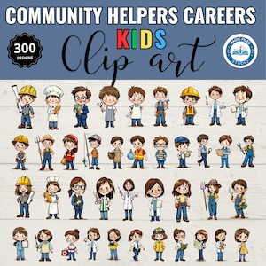 Può includere: Un set di 300 immagini clipart colorate che mostrano bambini vestiti da operatori sanitari della comunità. Le immagini includono una varietà di professioni come medico, insegnante, poliziotto, vigile del fuoco, operaio edile e altro ancora.