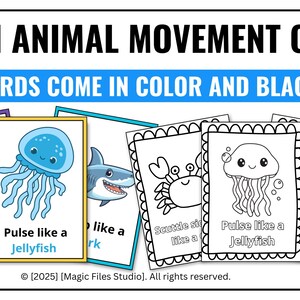 Pu&ograve; includere: Schede didattiche sul movimento degli animali marini. Le schede sono disponibili a colori e in bianco e nero. Le schede a colori presentano un granchio rosso, una medusa blu e uno squalo. Le schede in bianco e nero presentano un granchio, una medusa e un pinguino.