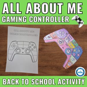 Peut inclure: Une feuille d'activité scolaire sur le thème des manettes de jeu. L'image comprend un contour noir et blanc d'une manette de jeu sur une feuille blanche, et une découpe de manette colorée et décorée. Le texte comprend "ALL ABOUT ME" et "BACK TO SCHOOL ACTIVITY."