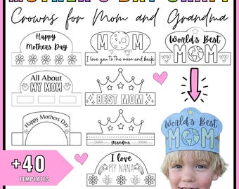 Mother's Day Crown Craft Printable | Coloring Activity For Kids | Classroom Crafts | Instant Download | 40 Designs for Mom, Grandma, Nanna