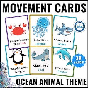 Schede di movimento degli animali dell'oceano, Schede di azione per bambini stampabili, Circle Time, Transizioni di pausa cerebrale, Motricità globale, Scuola materna, Attività di abilità