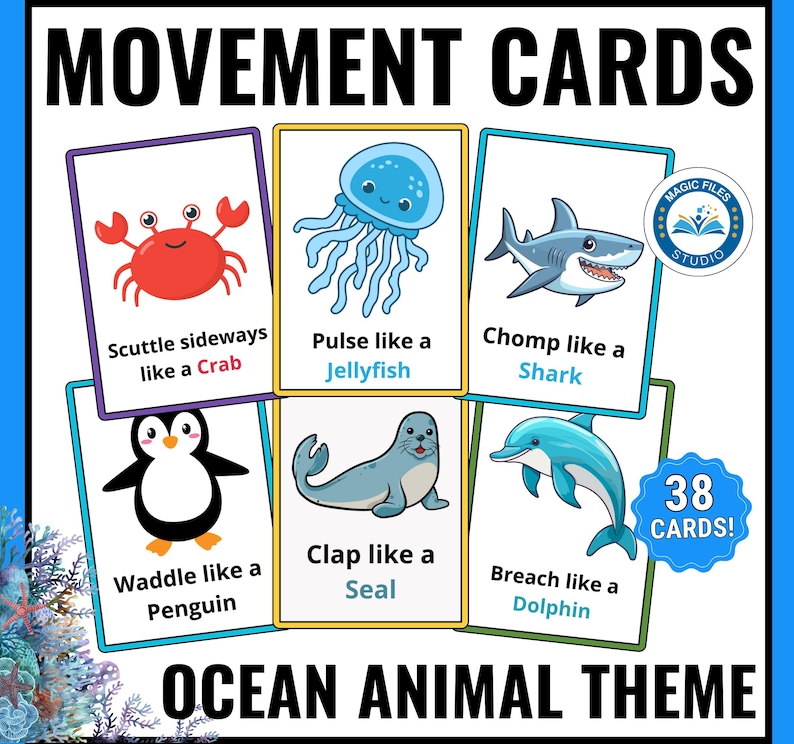 Pu&ograve; includere: Set di carte di movimento educativo a tema animali marini. Le carte presentano illustrazioni colorate di un granchio, una medusa, uno squalo, un pinguino, una foca e un delfino. Ogni carta ha un invito all'azione come "Scuttle sideways like a Crab."