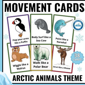 Schede sui movimenti degli animali artici, Schede di azione per bambini stampabili, Circle Time, Transizioni di pausa cerebrale, Motricità globale, Scuola materna, Attività invernali