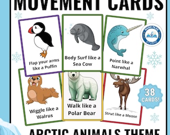 Arctic Animal Movement Cards, Kids Action Cards Printable, Circle Time, Brain Break Transitions, Gross Motor, Preschool, Winter Activity