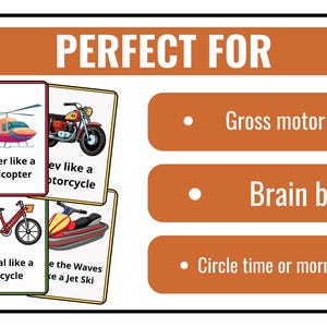 May include: Educational flashcards featuring various modes of transportation, including an airplane, helicopter, motorcycle, truck, bicycle, and jet ski. The cards are designed for gross motor activities, brain breaks, and circle time.