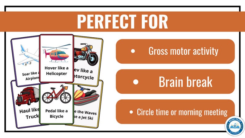 May include: Educational flashcards featuring various modes of transportation, including an airplane, helicopter, motorcycle, truck, bicycle, and jet ski. The cards are designed for gross motor activities, brain breaks, and circle time.