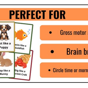 May include: A set of colourful cards with animal illustrations and instructions for movement activities. The cards feature a guinea pig, puppy, goldfish, tarantula, bunny, and hermit crab. The text on the cards reads "Waddle like a Guinea Pig", "Trot like a Puppy", "Swim like a Goldfish", "Scuttle like a Tarantula", "Hop like a Bunny", and "Dig like a Hermit Crab". The cards are perfect for gross motor activity, brain breaks, and circle time or morning meetings.