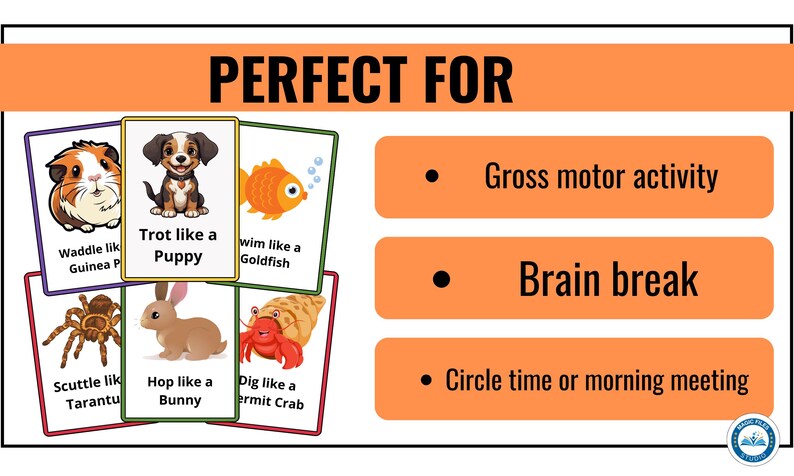 May include: A set of colourful cards with animal illustrations and instructions for movement activities. The cards feature a guinea pig, puppy, goldfish, tarantula, bunny, and hermit crab. The text on the cards reads "Waddle like a Guinea Pig", "Trot like a Puppy", "Swim like a Goldfish", "Scuttle like a Tarantula", "Hop like a Bunny", and "Dig like a Hermit Crab". The cards are perfect for gross motor activity, brain breaks, and circle time or morning meetings.