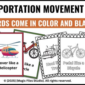 May include: Educational transportation movement cards in color and black/white. The cards feature illustrations of a red truck, helicopter, and bicycle, with phrases like "Haul like a Truck" and "Hover like a Helicopter". The set includes 40 pages.