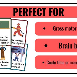 Op de afbeelding: Educatieve flashcards met illustraties van beroepen zoals postbode, leraar, brandweerman, schilder, boer en monteur. Geschikt voor motorische activiteiten, pauzes en kringgesprekken.