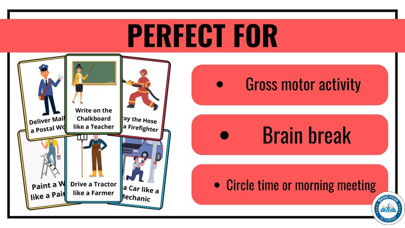 Op de afbeelding: Educatieve flashcards met illustraties van beroepen zoals postbode, leraar, brandweerman, schilder, boer en monteur. Geschikt voor motorische activiteiten, pauzes en kringgesprekken.