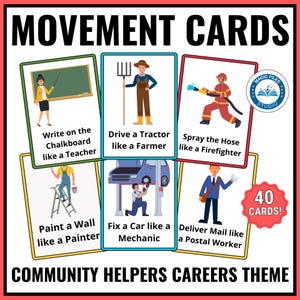 Community Helpers Movement Cards, Kids Action Cards Printable, Circle Time, Brain Break Transitions, Gross Motor, Preschool, Skills Activity