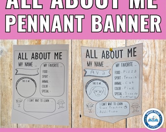 All About Me Banner First Day Of School Printable Back To School Activity Get to Know Me Flag Classroom Banner Kids All About Me Printable