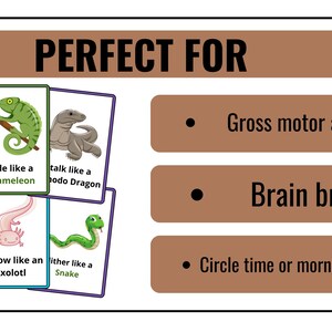 Puede incluir: Un conjunto de tarjetas coloridas con ilustraciones de diferentes animales. Cada tarjeta tiene una frase que describe c&oacute;mo moverse como el animal, como "Nadar como un trit&oacute;n" o "Esconderse como un camale&oacute;n". Las tarjetas son perfectas para la actividad motora gruesa, los descansos para el cerebro, el tiempo de c&iacute;rculo o las reuniones de la ma&ntilde;ana.