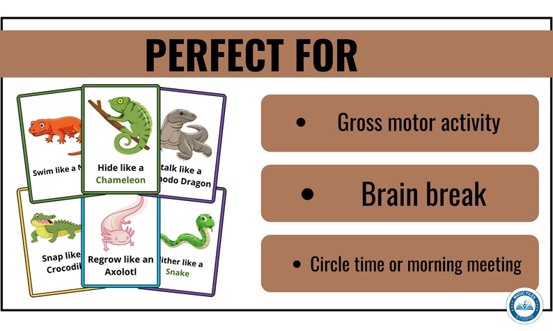 Puede incluir: Un conjunto de tarjetas coloridas con ilustraciones de diferentes animales. Cada tarjeta tiene una frase que describe c&oacute;mo moverse como el animal, como "Nadar como un trit&oacute;n" o "Esconderse como un camale&oacute;n". Las tarjetas son perfectas para la actividad motora gruesa, los descansos para el cerebro, el tiempo de c&iacute;rculo o las reuniones de la ma&ntilde;ana.