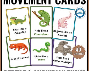 Reptile & Amphibian Movement Cards, Kids Action Cards Printable, Circle Time, Brain Break Transitions, Gross Motor, Preschool, Activity