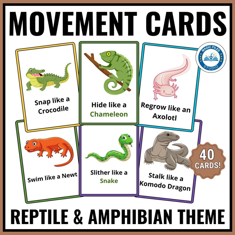 Puede incluir: Un conjunto de 40 tarjetas coloridas que presentan diferentes reptiles y anfibios con verbos de movimiento. Las tarjetas est&aacute;n dise&ntilde;adas para que los ni&ntilde;os aprendan sobre el movimiento de los animales y se diviertan con un tema de reptiles y anfibios.