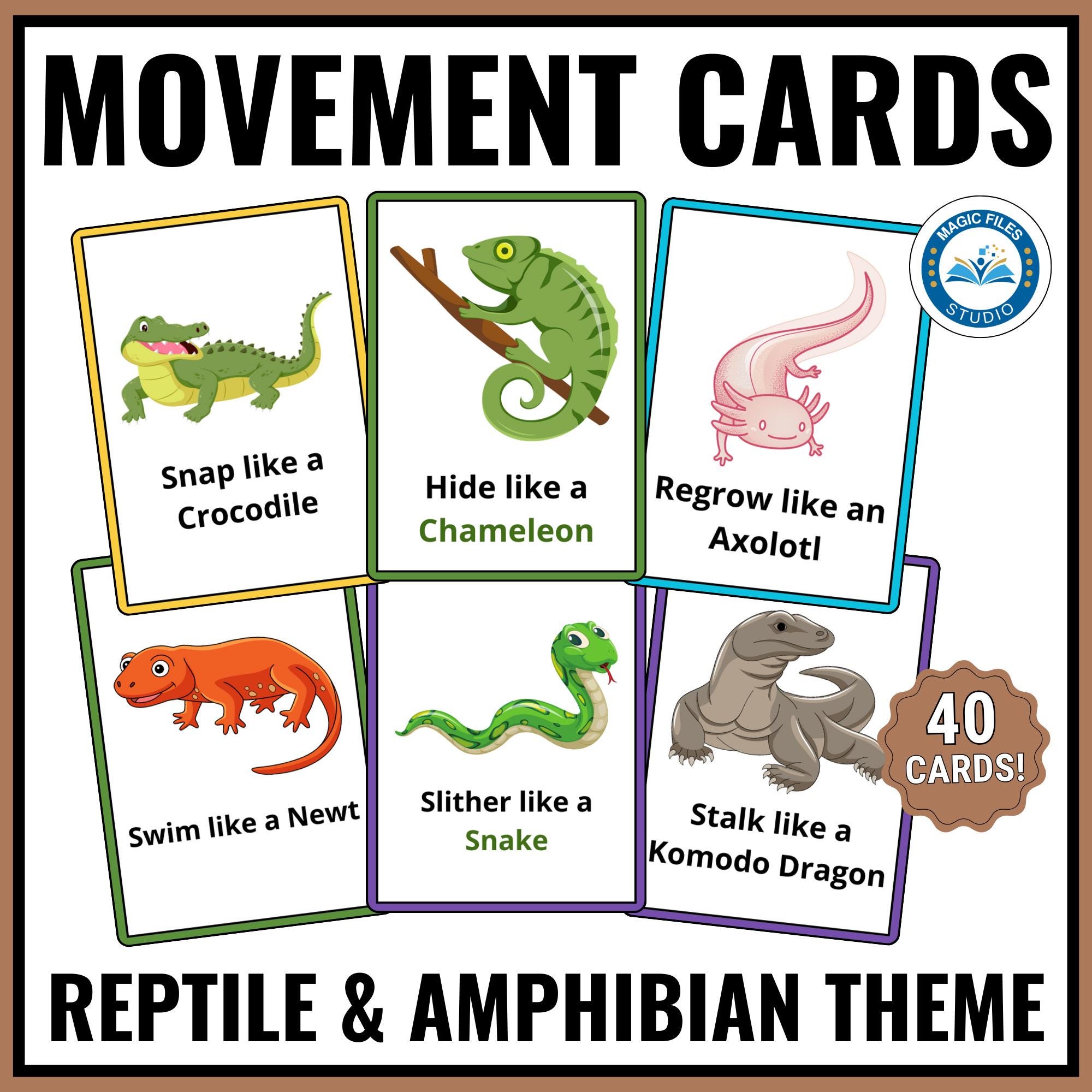 Reptile & Amphibian Movement Cards, Kids Action Cards Printable