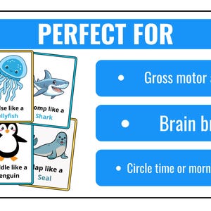 Pu&ograve; includere: Flashcard educative con creature marine come un granchio, una medusa e uno squalo. Ogni carta ha un'azione, come "Scuttle sideways like a Crab". L'immagine indica anche che le carte sono perfette per l'attivit&agrave; motoria, le pause cerebrali e il cerchio.