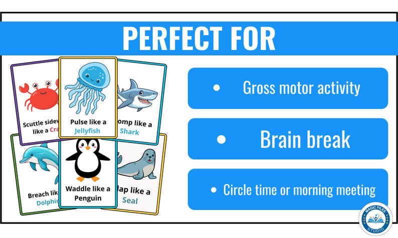 Pu&ograve; includere: Flashcard educative con creature marine come un granchio, una medusa e uno squalo. Ogni carta ha un'azione, come "Scuttle sideways like a Crab". L'immagine indica anche che le carte sono perfette per l'attivit&agrave; motoria, le pause cerebrali e il cerchio.