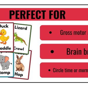 May include: A set of colorful flashcards featuring animals and action words. The cards show a flamingo, duck, lizard, cheetah, elephant, and rabbit. The action words are balance, waddle, crawl, sprint, stomp, and hop. The cards are perfect for gross motor activity, brain breaks, circle time, or morning meetings.