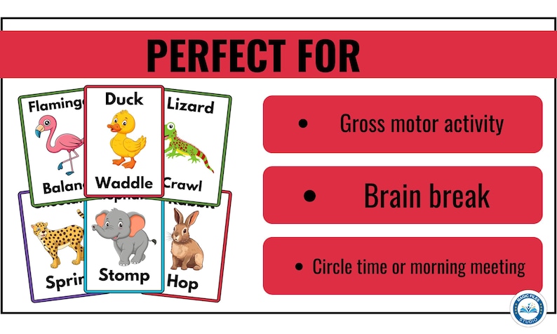 May include: A set of colorful flashcards featuring animals and action words. The cards show a flamingo, duck, lizard, cheetah, elephant, and rabbit. The action words are balance, waddle, crawl, sprint, stomp, and hop. The cards are perfect for gross motor activity, brain breaks, circle time, or morning meetings.