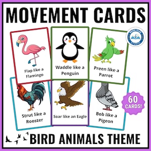 Schede sui movimenti degli uccelli e degli animali, Schede di azione per bambini stampabili, Circle Time, Transizioni di pausa cerebrale, Motricità globale, Scuola materna, Attività per bambini piccoli
