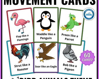 Bird Animal Movement Cards, Kids Action Cards Printable, Circle Time, Brain Break Transitions, Gross Motor, Preschool, Toddler Activity