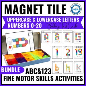 Peut inclure: Un ensemble de tuiles magnétiques et de cartes de tâches pour les activités de motricité fine. L'ensemble comprend des lettres majuscules et minuscules, et les chiffres 0-20. Les tuiles sont de différentes couleurs et formes.