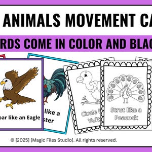 May include: A set of 60 printable bird animal movement cards. The cards feature colorful illustrations of birds and black and white outlines. The cards include text describing how each bird moves, such as "Soar like an Eagle" and "Strut like a Peacock".