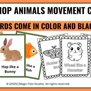 May include: A set of 40 printable cards featuring black and white illustrations of animals and their movements. The cards include a puppy, bunny, fish, moth, hamster, and a bird. The text on the cards reads "Trot lil Pup", "Hop like a Bunny", "like a fish", "Flutter like a Moth", "Wheel like a Hamster", and "like a Keet".