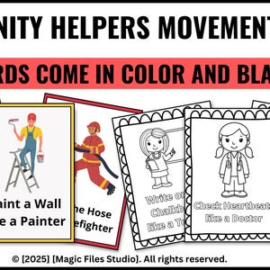 Op de afbeelding: Educatieve flashcards getiteld "Community Helpers Movement Cards" met illustraties van gemeenschapshulpen. De kaarten zijn in kleur en zwart-wit. De afbeelding bevat een leraar, schilder, brandweerman, dokter en meer. De kaarten hebben 40 pagina's.
