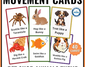 Pet Shop Animals Movement Cards, Kids Action Cards Printable, Circle Time, Brain Break Transitions, Gross Motor, Preschool, Toddler Activity