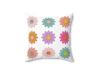 Retro Sunflower Pillow, Smiley Face Pillow, Spun Polyester Square Pillow, Sunflower Throw Pillow, Sunflower Home Decor Pillow