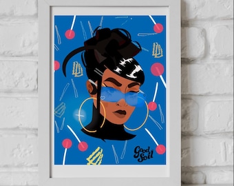 Afrocentric Woman with Gold Hoops Art Print: Bold Energy