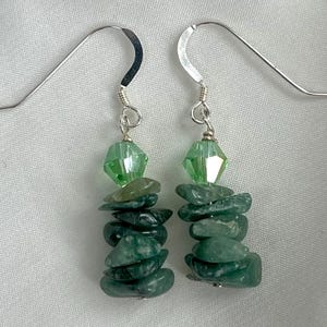 Jade and green crystal stud earrings. Sterling silver. Handmade.