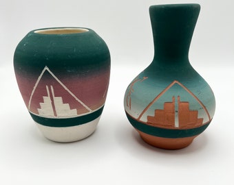 Signed Sioux Pottery Set of Two Turquoise Vases