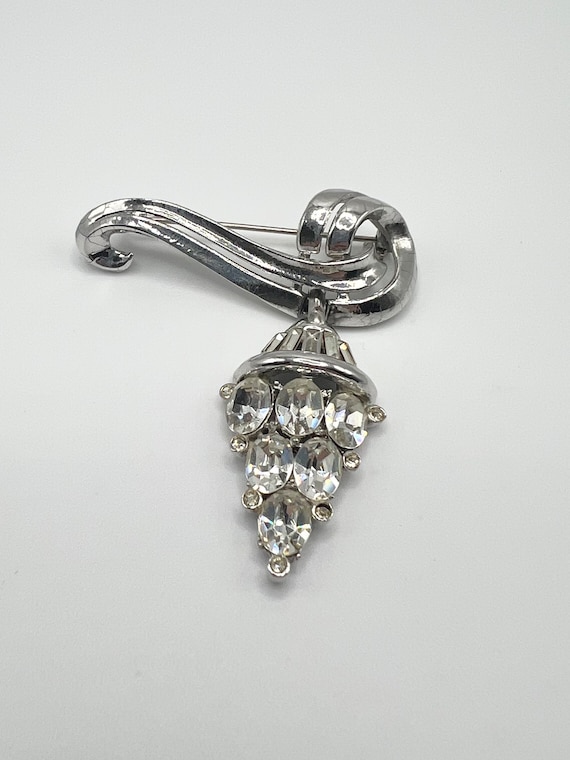 Vintage Rhinestone and Silver Tone Dangle Brooch - image 1