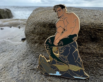 Merman Enamel Pin Featuring Caelum | Collectors Fantasy Hard Enamel Design with Glitter and Screen Printing Details | 2.75&quot; Size