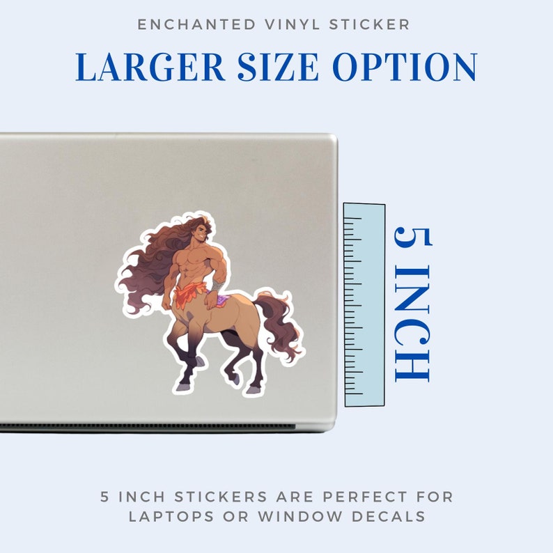 May include: A 5 inch vinyl sticker featuring a brown centaur with a long, flowing brown mane and a purple and orange sash. The sticker is on a silver laptop.