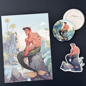 Mystical Merman Collection Pack - Each set includes a 5x7 Wall Art Print, 2.25&quot; Button & 3 inch Sticker. Merman Gift
