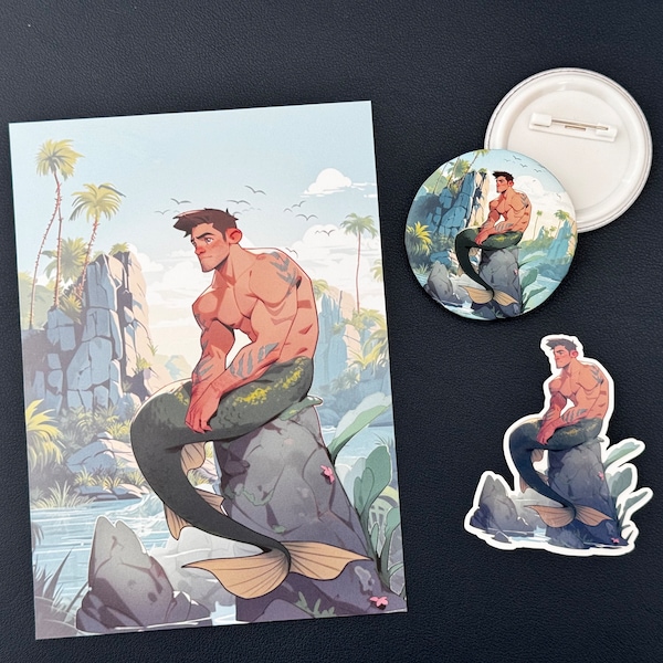 Mystical Merman Collection Pack - Each set includes a 5x7 Wall Art Print, 2.25" Button & 3 inch Sticker. Merman Gift