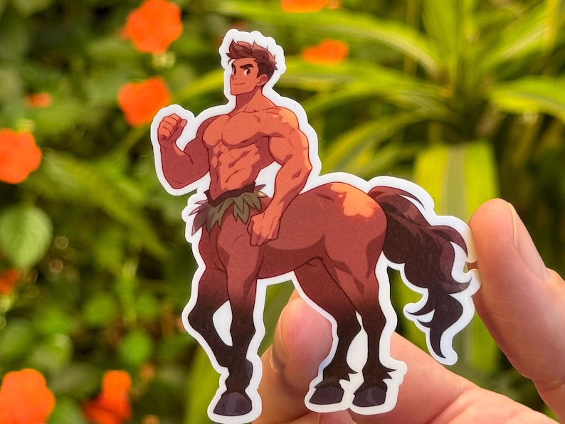 Sticker of a cartoon centaur, younger centaur with a muscular body
